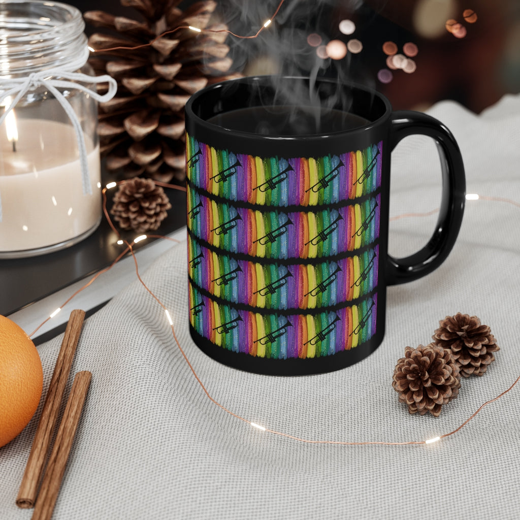 Vintage Rainbow Paint - Trumpet - 11oz Black Mug - Pattern