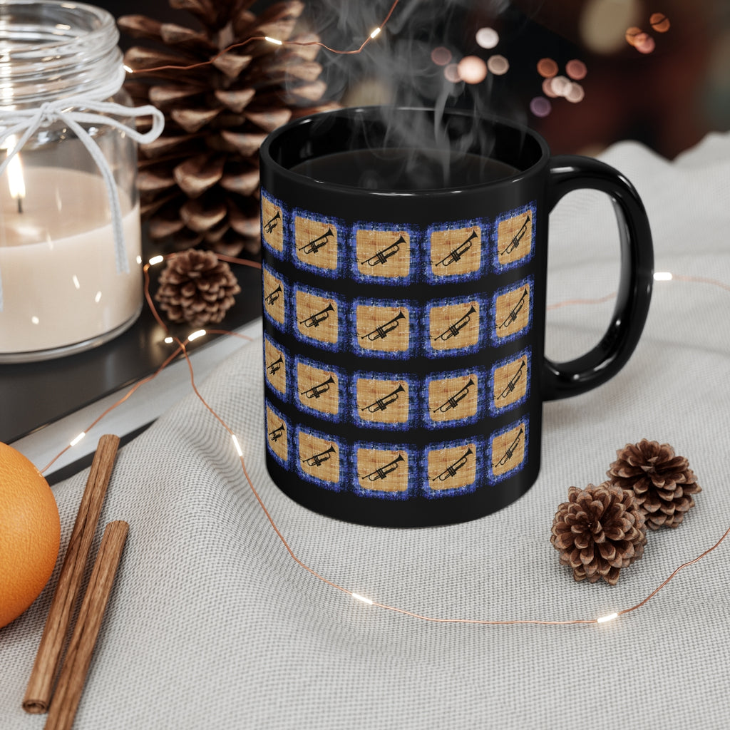 Vintage Blue Burlap - Trumpet - 11oz Black Mug - Pattern