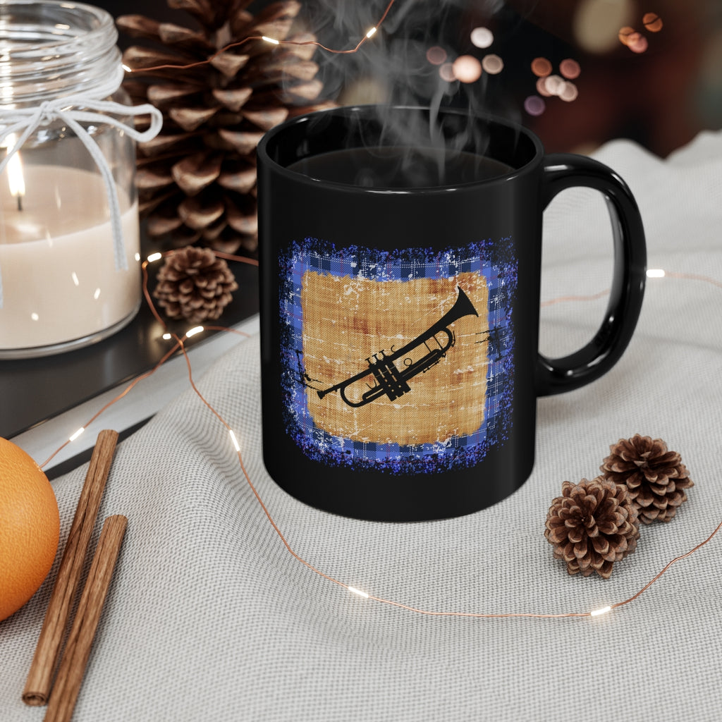 Vintage Blue Burlap - Trumpet - 11oz Black Mug