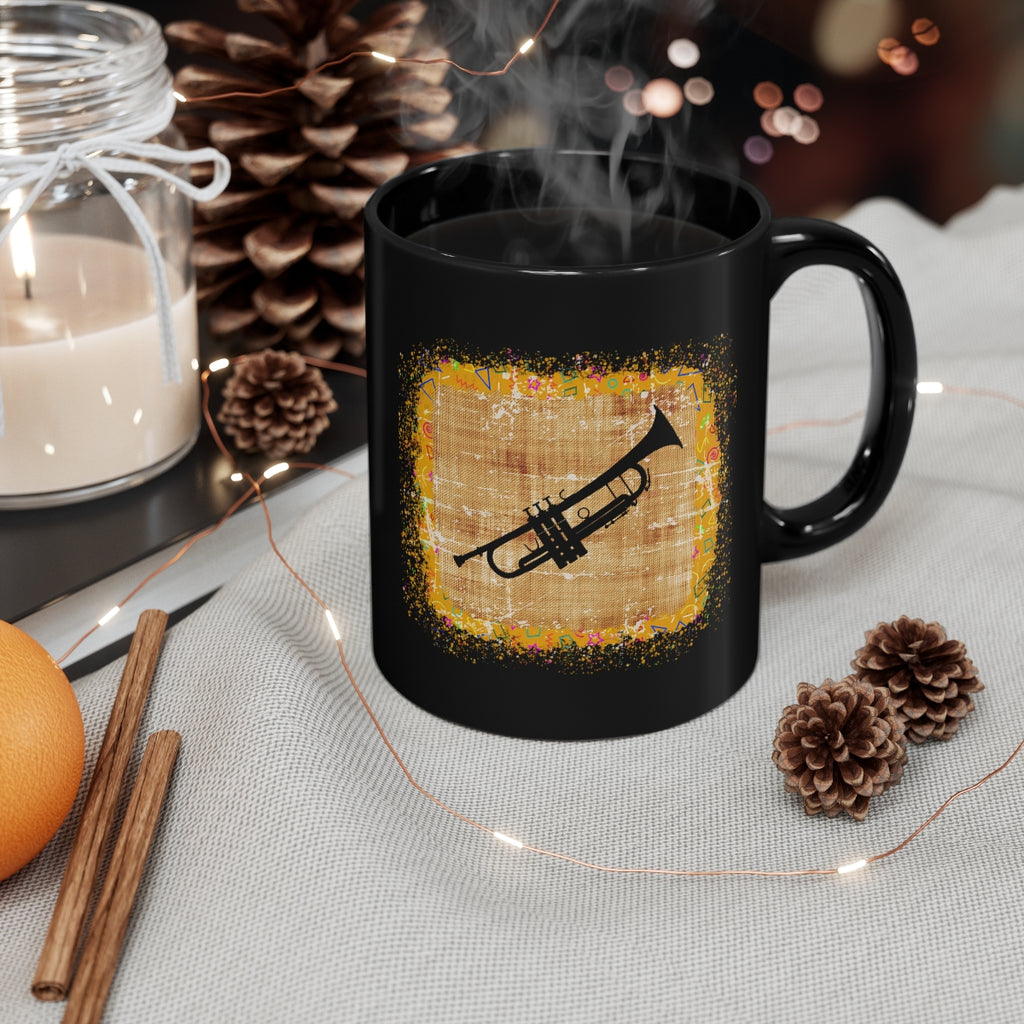 Vintage Yellow Burlap - Trumpet - 11oz Black Mug