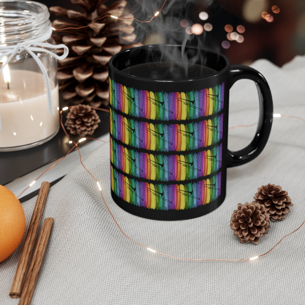 Vintage Rainbow Paint - Trombone - 11oz Black Mug - Pattern