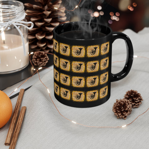 Vintage Yellow Burlap - French Horn - 11oz Black Mug - Pattern