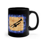 Vintage Blue Burlap - Trumpet - 11oz Black Mug